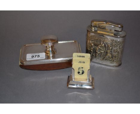 Continental silver mounted blotter, desk calendar and cigarette lighter