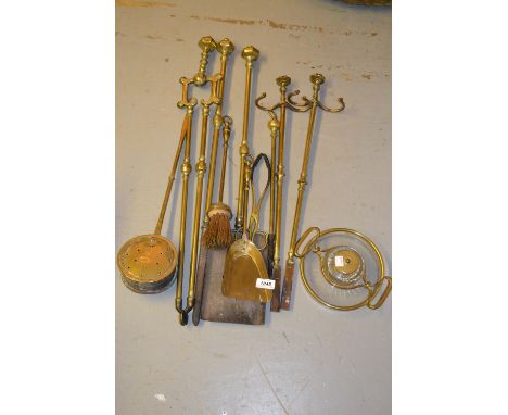 Quantity of 19th Century brass fire irons, a chestnut roaster and a brass and glass inkwell