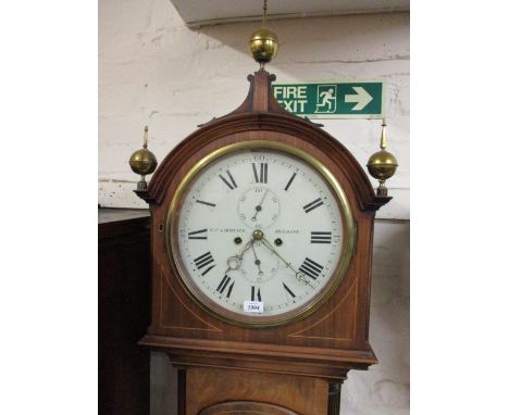 19th Century mahogany and line inlaid longcase clock, the circular hood above a panel door with flanking reeded quarter pilas