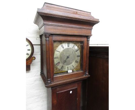 George III oak longcase clock, the square hood with a shaped pediment and flanking pilasters above a rectangular panelled doo