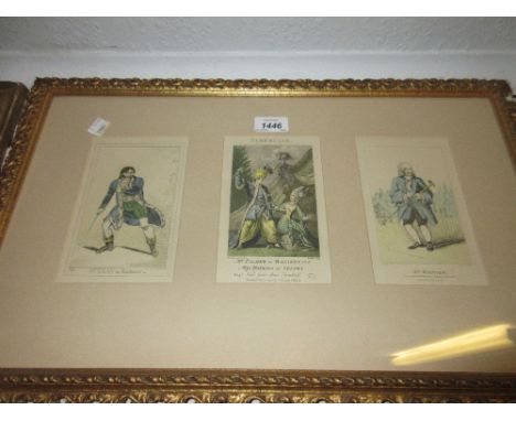 Framed set of three theatrical engravings, similar single engraving after Pyne and an 18th Century portrait engraving