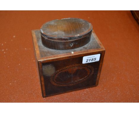 19th Century mahogany hawthorn inlaid and crossbanded rectangular tea caddy with oval hinged cover (for restoration)