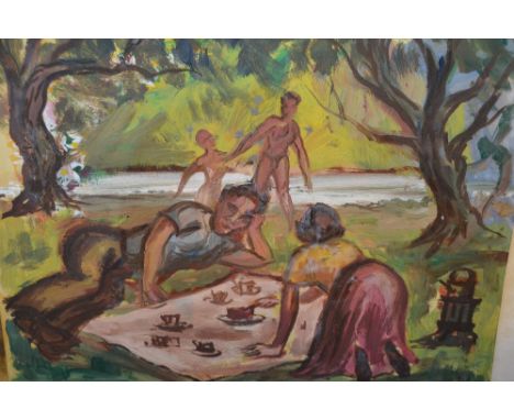 Two unframed Bloomsbury Group style oils, picnic by a river, and portrait of a young lady