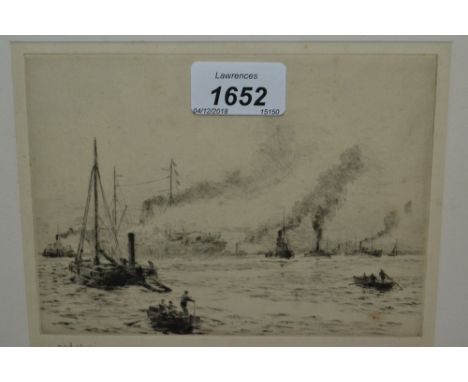 W.L. Wyllie, small etching, figures in rowing boats with further barges and shipping, signed in pencil, 5ins x 6.5ins