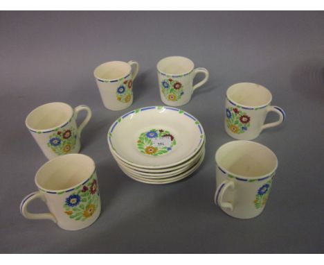 Set of six 1930's floral decorated coffee cans with saucers by Heal and Son in Country Bunch pattern