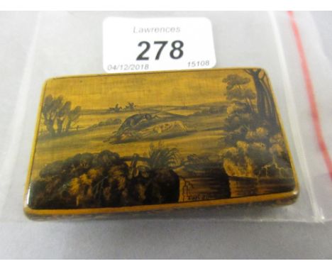 Early 19th Century pen work snuff box painted with hare coarsing scene, entitled ' Last Effort ', with indistinct makers mark