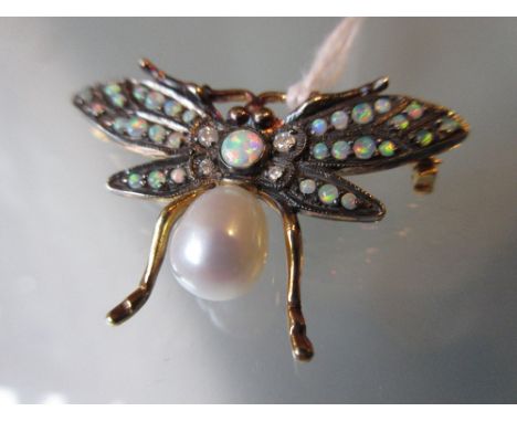 Opal, pearl and diamond set moth brooch