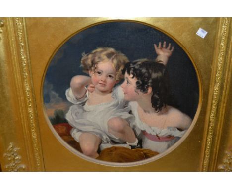 19th Century oil on canvas, portrait of two young sisters, in a rectangular gilt frame with circular mount, 16ins diameter
