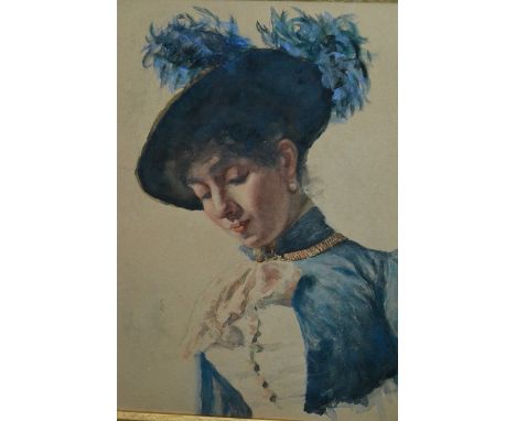 19th / 20th Century watercolour, portrait of a young lady in feathered hat, gilded oak and mahogany framed, 12.5ins x 10ins