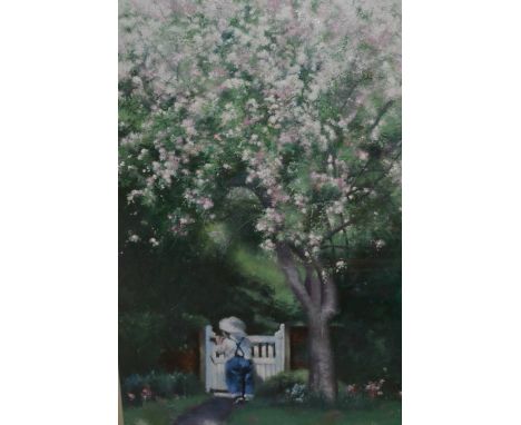 Sharyn M. ?, oil on board, a child at a garden gate beneath a tree in blossom, 30ins x 18ins, gilt framed, together with anot