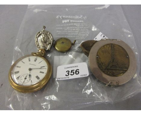Small Paris Eiffel Tower souvenir leather purse, brass locket, gold plated pocket watch by Ingersoll and another small item