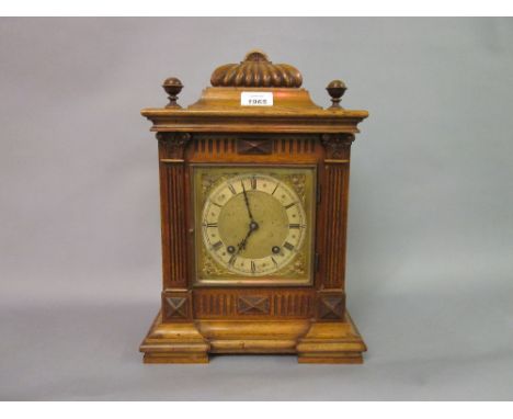 19th Century Continental mahogany cased mantel clock having brass dial with silvered chapter ring, with Roman numerals and tw