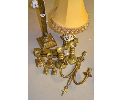 Brass Corinthian column table lamp, another brass table lamp, twin light wall sconce, a letter box cover and three pairs of b