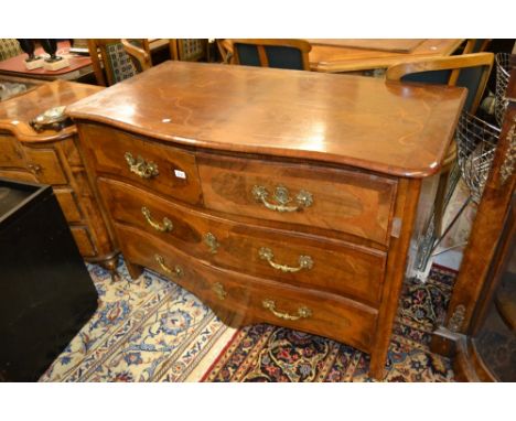 French walnut inlaid commode chest of two short over two long drawers with cast brass swan neck handles and escutcheons on st
