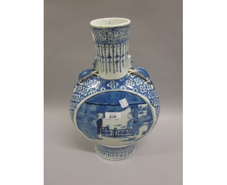 Large Chinese porcelain moon flask decorated in blue and white with figures on a terrace CONDITION REPORT Some firing marks a