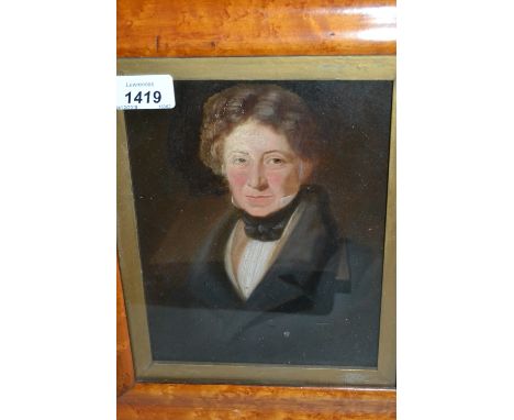 19th Century oil on board, head and shoulder portrait of a gentleman, 8.5ins x 6ins, maple framed