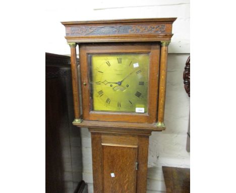 George III oak longcase clock, the square hood with flanking pilasters above a rectangular panel door and moulded plinth base