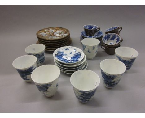 Group of six Japanese blue and white tea bowls with saucers, signed with six character marks, six tea cups and saucers decora