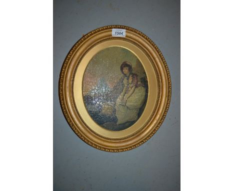 Late 19th Century oval gilt framed oil, portrait of a shepherdess with sheep in a landscape