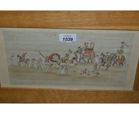 20th Century Indian watercolour, Indian army with various elephants and another smaller Indian watercolour of a figure with e
