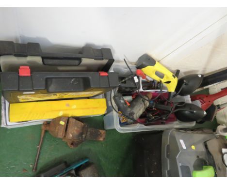 KARCHER WINDOW VAC, BLACK AND DECKER HAMMER DRILL (NEEDS A PLUG), BENCH VICE, WHEEL CLAMP AND OTHER HAND TOOLS ETC