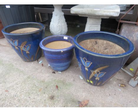 THREE BLUE GLAZED CERAMIC GARDEN POTS