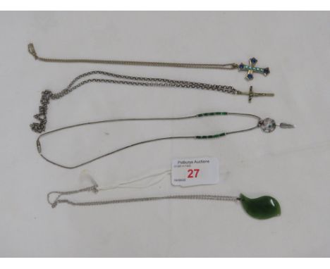 JADE-COLOUR LEAF-SHAPE STONE PENDANT ON MICROCHAIN;  A DREAM-CATCHER PENDANT NECKLACE WITH GREEN BEADS;  CROSS PENDANT STAMPE