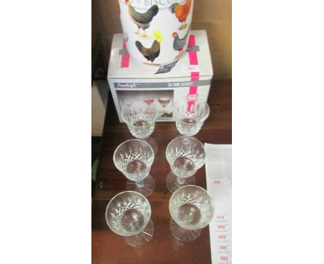 SET OF SIX CUT GLASS WINE GLASSES TOGETHER WITH A CERAMIC BISCUIT BARREL