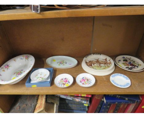 ONE SHELF OF DECORATIVE CHINA INCLUDING A W&amp;R CARLTONWARE BABY'S PLATE AND MINTON MARLOW BOWL