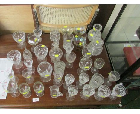 CUT GLASS DRINKING GLASSES, DECANTER, LIDDED JAR AND VASE