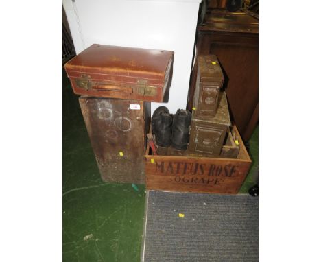 THREE VINTAGE AMMUNITION CONTAINERS, WOODEN WINE CRATE, WOODEN TOOLBOX, SMALL LEATHER TRAVELCASE AND OTHER ITEMS