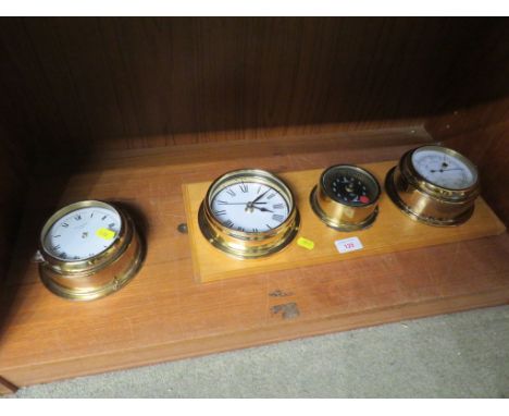 WOODEN MOUNTED BAROMETER CLOCK AND TIDE GAUGE TOGETHER WITH ONE OTHER SHIPS CLOCK (AF)