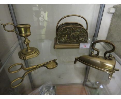 EMBOSSED BRASS LETTER RACK, BRASS CHAMBER STICK, ORNAMENTAL BRASS IRON AND A PAIR OF BRASS CANDLE SNIPPERS