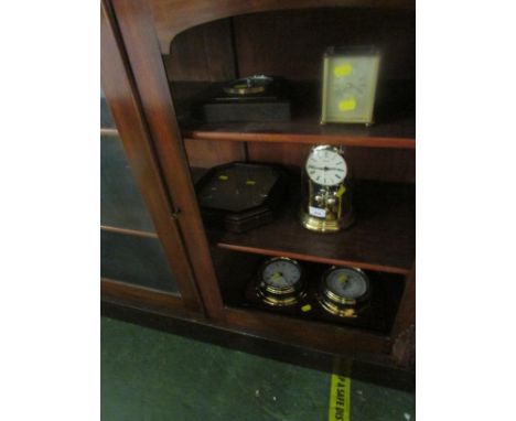THREE QUARTZ CLOCKS, OAK MOUNTED BAROMETER AND ONE OTHER SHIPS STYLE MOUNTED BAROMETER AND WALL CLOCK