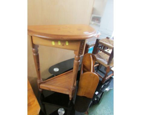 HONEY PINE DEMILUNE TWO-TIER TABLE AND TOGETHER WITH A LIGHT WOOD MAGAZINE RACK