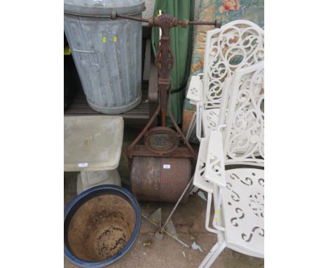 SMALL CAST IRON GARDEN ROLLER AND A SMALL BOAT ANCHOR (A/F)