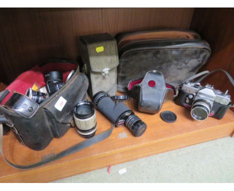 PETRI FT FILM CAMERA AND CASE, MINOLTA ZOOM 8 CINE CAMERA IN CASE TOGETHER WITH ASSORTED LENSES AND OTHER ITEMS (ONE SHELF)