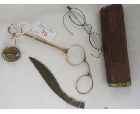 PAIR OF VINTAGE SPECTACLES WITH WOODEN CASE, PAIR OF GOLD PLATED LORGNETTE ON RETRACTABLE CHAIN TOGETHER WITH A BRASS SOUVENI