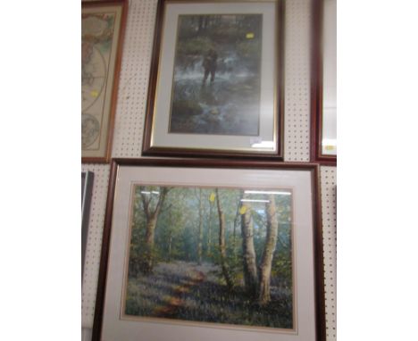 TWO FRAMED AND GLAZED COLOURED PRINTS, FISHERMAN AND WOODLAND