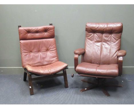 zzz A Farstrup Danish easy chair with brown leather cushions and another swivel easy chair A Farstrup Danish easy chair with 