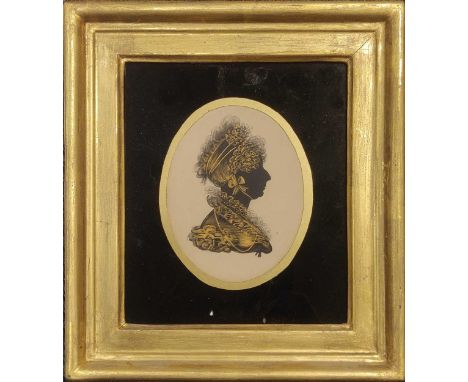 A pair of portrait silhouettes, painted on paper, 18 x 16cm framed