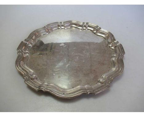 A silver salver 15.3ozt; together with two decanter labels labelled 'Brandy' and 'Whiskey'