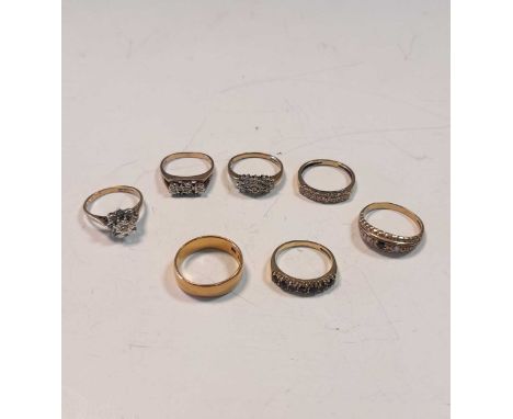 A group of six stone set dress rings, all assessed or hallmarked as 9ct gold, gross weight 14.4g, together with a hallmarked 