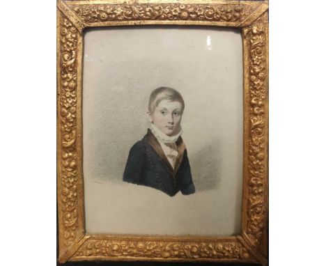 A 19th century watercolour portrait of a boy, bust length in ebonised and gilt frame, overall size 37 x 32cm