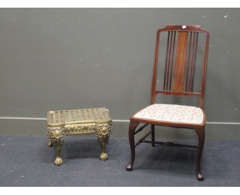 A brass footman in Victorian style, 28 x 44 x 35cm, an early Victorian mahogany frame button back armchair and a bedroom chai