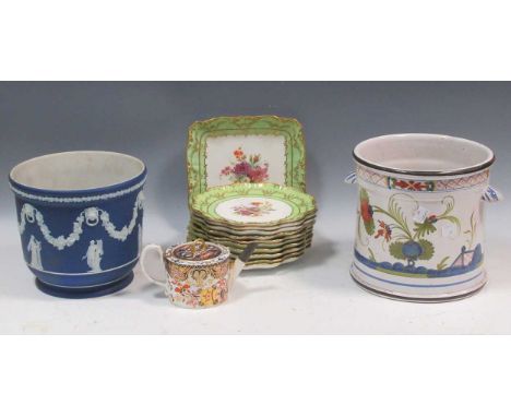 A 20th century Wedgwood blue jasperware planter, decorated with classical figures, swags and lion’s head; and another planter