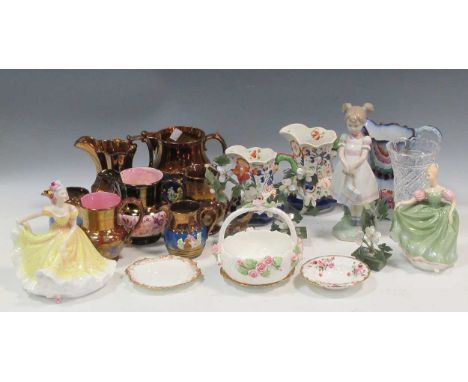 A collection of copper lustre ware jugs, with a Lladro 'Little School girl', marked '6814', two other Royal Doulton figures o
