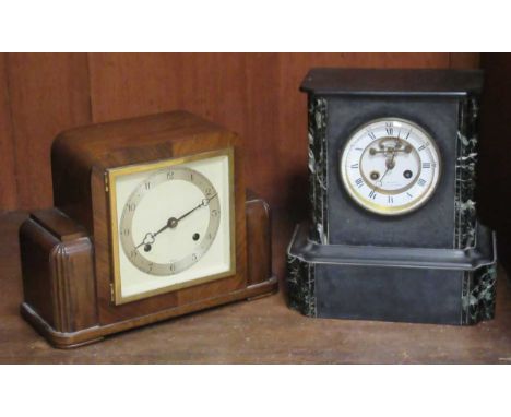 A Victorian slate mantle clock decorated with marble columns; together with an Art Deco style mantle clock (2)