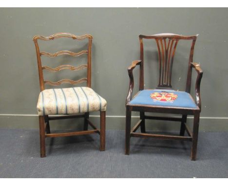 A Georgian design carver armchair, a bowfront mahogany sideboard 93 x 152 x 61cm and a ladder back single chair (3)