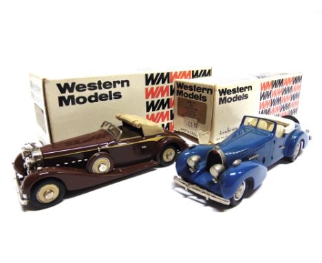 [WHITE METAL]. TWO 1/43 SCALE WESTERN MODELS CARS  comprising a No.WMS16, 1935 Bugatti T46 5.3 Litre Roadster, blue, mint, bo